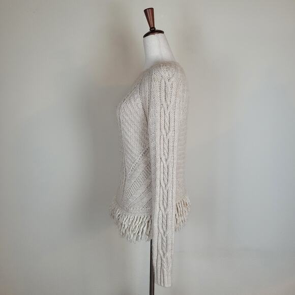 Banana Republic Sweater Small Tan Cable Knit Fringe Western Boho Wool Alpaca - Picture 6 of 10